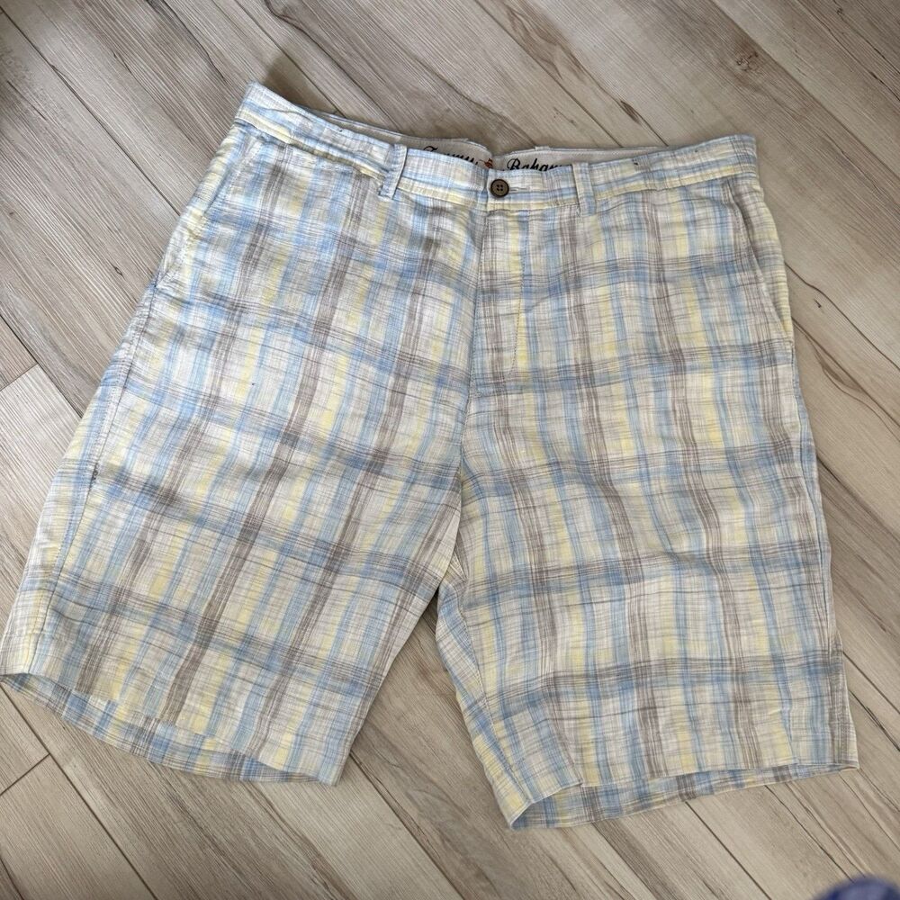 Tommy Bahama Mens Linen Blend Plaid Shorts Blue Yellow Size 38 Golf Casual